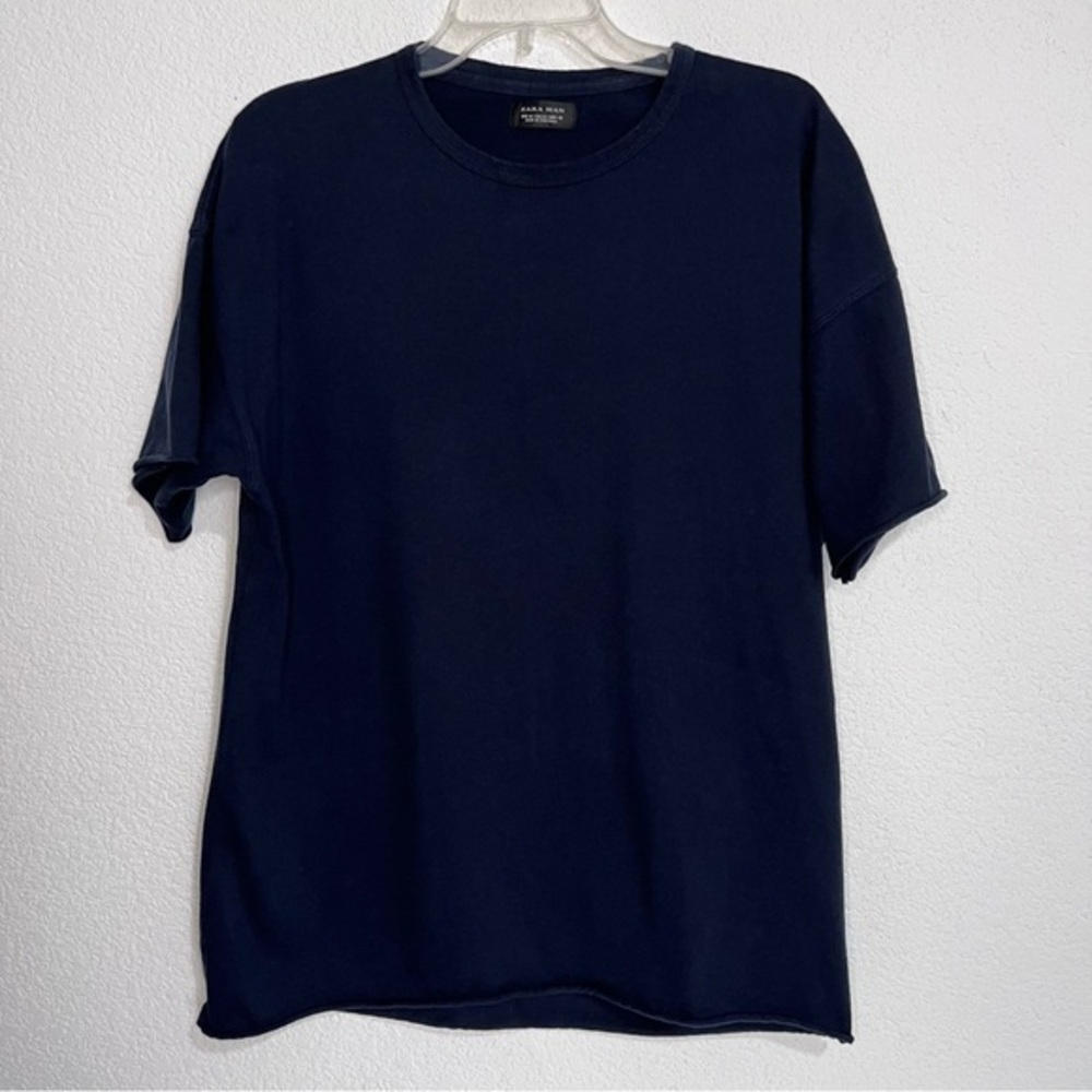 Zara Man Navy Crew Neck Relaxed Fit Raw Rolled Cuffs & Hemline T-Shirt M